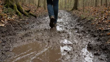 En person som går gjennom en møkkete sti i skogen.