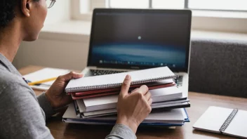 En person som holder instruksjonsmateriell, med en laptop og en notatbok i bakgrunnen.