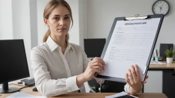 Et bilde av en person som holder en clipboard med en papir tittel 'Nedskjæringsplan' i en kontorsetting.