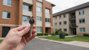 En person som holder en nøkkel og står foran en bygning, med en leieavtale i bakgrunnen.