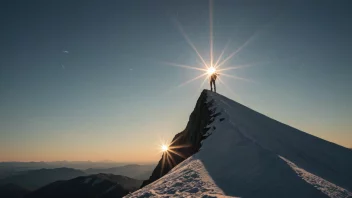 Et bilde som representerer begrepet høydemulighet, med en person som står på et fjelltopp og et sterkt lys som skinner i bakgrunnen.