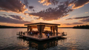 Et fredelig og rolig bilde av et flytende teater på en innsjø med en storslagen solnedgang i bakgrunnen