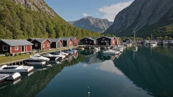 Et pittoreskt båthusområde i Norge med flere båthus og båter fortøyd i marinaen.