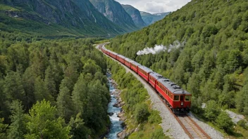 Et tog på en smalbane som kjører gjennom en naturskjønn dal i Norge