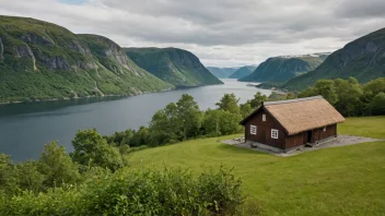 Et tradisjonelt norsk kultursted med en trebygning og en naturskjønn utsikt.