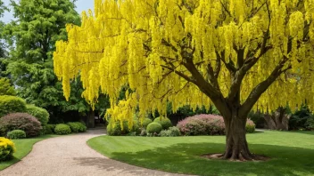 Et Laburnum-tre med lyse gule blomster i en hage