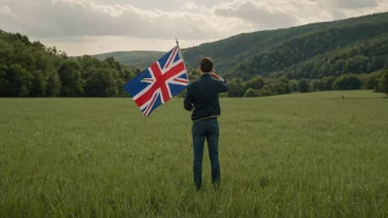 En person som står i en åker med et flagg fra hjemlandet i bakgrunnen, som symboliserer deres tilknytning til hjemlandet.