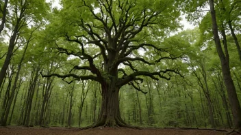 Et sandelhout-tre som står alene i en skog, med en bred krone og en rett stamme.