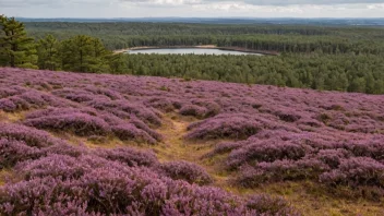 Et vakkert lyngområde med lilla lyng og noen trær i bakgrunnen.