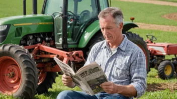 En bonde som leser et blad eller en avis med en traktor eller landbruksutstyr i bakgrunnen, som symboliserer viktigheten av landbrukspublikasjoner for bønder og landbruksarbeidere.