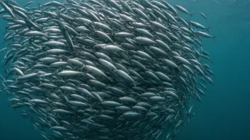 En stor skole sild som svømmer sammen i havet, med sollys som skinner gjennom vannet