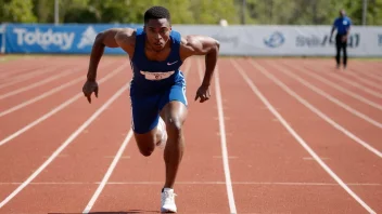 En person som sprinter på en løpebane med en timer i bakgrunnen.