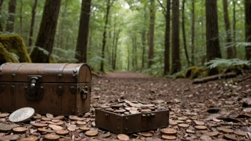 Et gammelt myntspor som leder gjennom en skog, med en skattkiste i bakgrunnen.