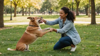 En person som leker med en glad hund i en park, og viser gleden og kammeraderiet mellom mennesker og hunder.