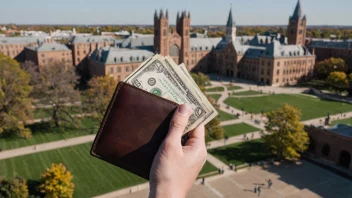 En person som holder en lommebok med penger og en bok, med et universitetscampus i bakgrunnen.