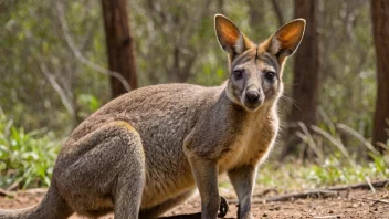 En wallaby i sin naturlige habitat, med en tydelig utsikt over pelsen, ørene og halen.