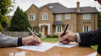 En person som signerer et dokument, med et hus i bakgrunnen.