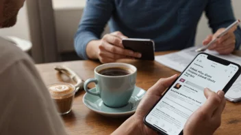 En person leser nyheter på telefonen sin med en kopp kaffe i bakgrunnen