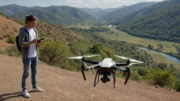 En dronefører står ved siden av en drone, med en fjernkontroll i hånden.