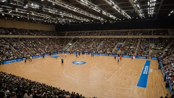 En håndballarena med et stort spillfelt og sitteplasser for tilskuere.