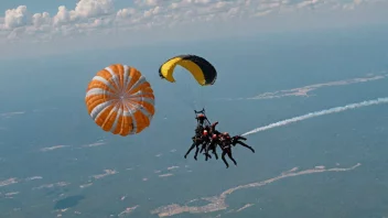 En gruppe mennesker i fallskjermer som hopper ut av et fly, med en blå himmel og hvite skyer i bakgrunnen.