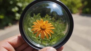 En konvex linse på et bord med et forstørret bilde av en blomst i bakgrunnen.