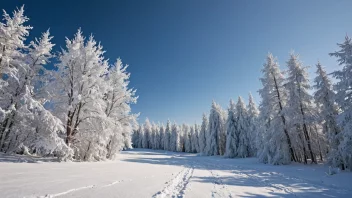 Et fredelig vinterlandskap med snødekte trær og en klar blå himmel