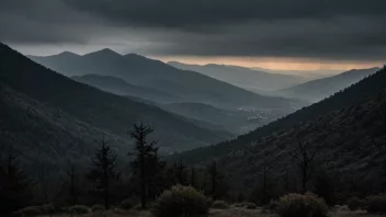 Et mørkt og tåkete landskap med noen trær og en fjellkjede i bakgrunnen.