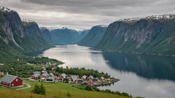 Et idyllisk landskap av en norsk fjord med en liten landsby i bakgrunnen, som representerer en persons hjemland eller fødeland.