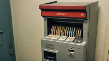 En frimerkeautomat med ulike frimerker på display.