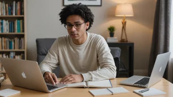 En student som studerer på distanse, med en laptop og bøker på skrivebordet