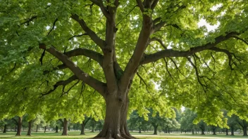 Et Tilia-tre i en park med et bredt løvverk og en rett stamme.