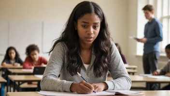 En student sitter ved et skrivebord og fyller ut en blanket, før han overleverer penger til en kasserer.