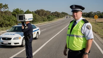 En politibetjent står ved siden av en fartskamera på en motorvei og sjekker hastigheten til forbipasserende kjøretøy.