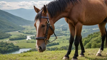 En hest med et hestebeslag på hodet, i et vakkert landskap.