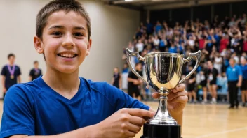 En blank trofé eller cup med en juniorutøver i bakgrunnen, feirer en seier