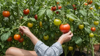 En person vanner en tomatplante i en hage