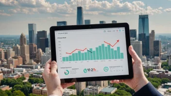 En person som holder en tablet med en graf som viser en økning i salg, med en bysilhuett i bakgrunnen.
