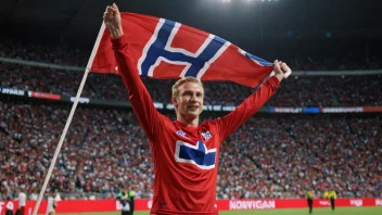 En person i idrettsutstyr som holder et norsk flagg.