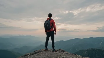 En person som står på en fjelltopp, med en bestemt uttrykk.