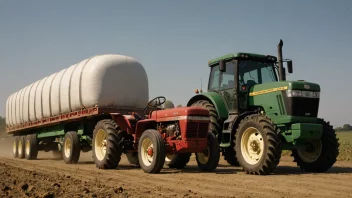 En traktor trekker en tilhenger lastet med høy på en solrik gård