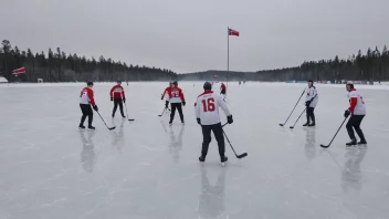 En gruppe mennesker som spiller bandy på en frossen innsjø, med et norsk flagg i bakgrunnen