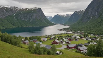 Et idyllisk landskap i Norge med tradisjonelle hus og en fredelig atmosfære.