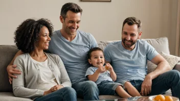 En familie på tre som sitter sammen på en sofa, hvor foreldrene viser en positiv og støttende holdning overfor barnet