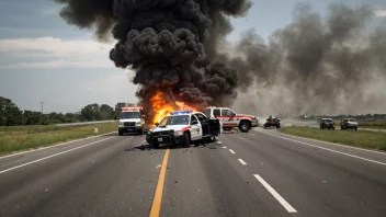 En bilulykke på en motorvei med politi, ambulanse og brannbiler som responderer.