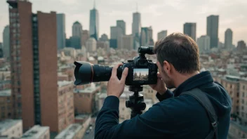 En person filmer et bylandskap med en blanding av gamle og nye bygninger.