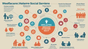 En illustrasjon av et velferdsystem, som viser de ulike komponentene og tjenestene som samarbeider for å gi støtte og ressurser til samfunnets medlemmer.