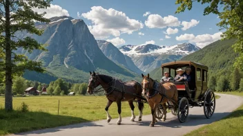 Et tradisjonelt norsk hestekjøretøy, kjent som et trekkspann, er avbildet i en fredelig landlig setting.