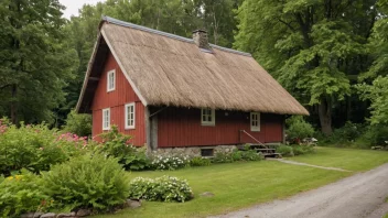 Et tradisjonelt norsk stråhus med stråtak og trevegger.