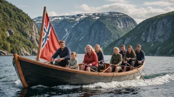 En tradisjonell norsk båt med en familie om bord, som symboliserer forbindelsen mellom familie og maritimt arv.